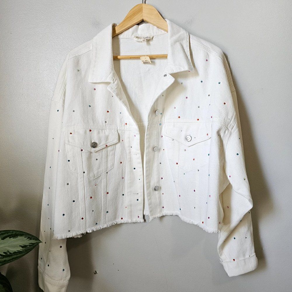 NWT PEACH LOVE WHITE DENIM CROPPED RAW HEM EMBELLISHED JACKET OVERSIZED L